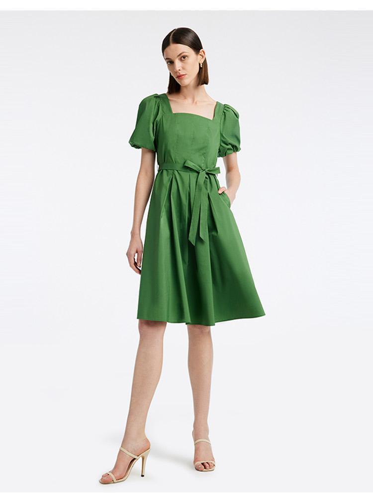 Square Neck Waist Pleated Green Cotton Dress GOELIA