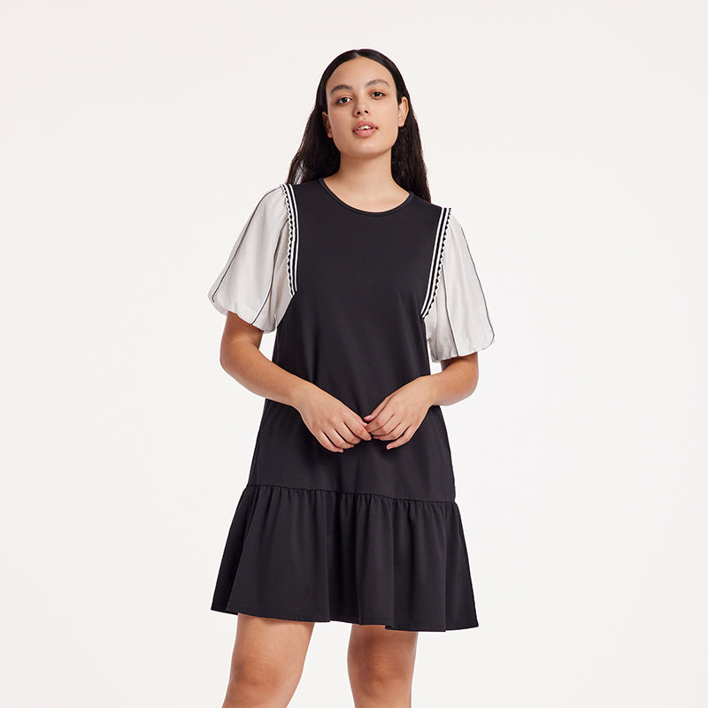 A-Shape Patchwork Puff Sleeve Dresses GOELIA