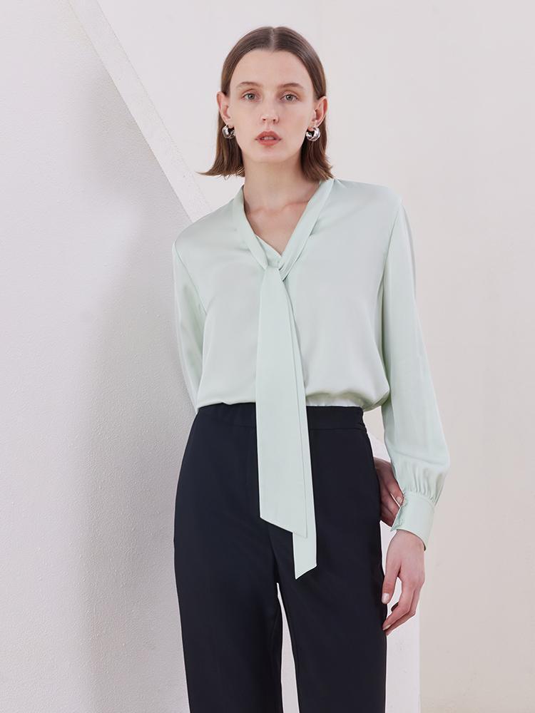 Mint Green 22 Momme Mulberry Silk Shirt With Flutter GOELIA