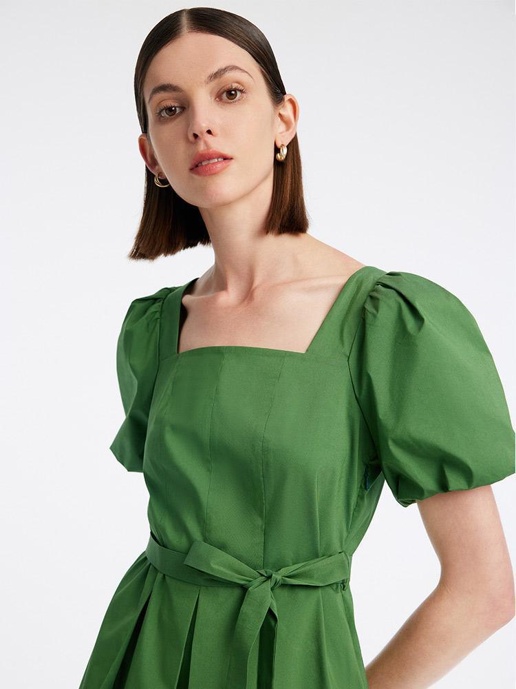 Square Neck Waist Pleated Green Cotton Dress GOELIA