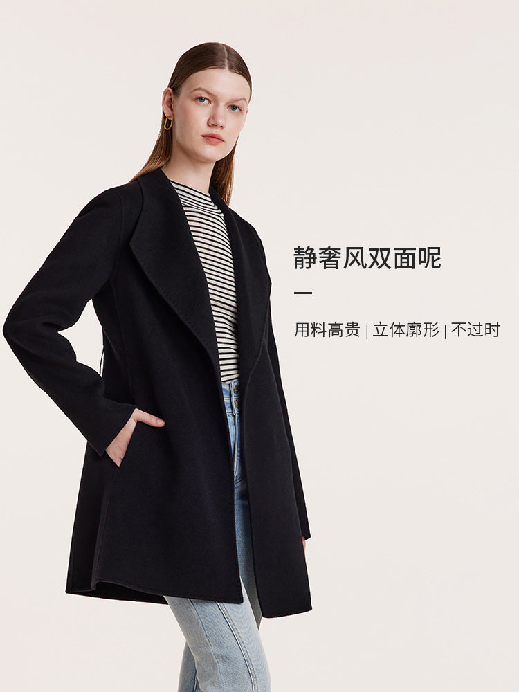 Tencel Wool Notched Lapel Mid-Length Coat With Belt GOELIA