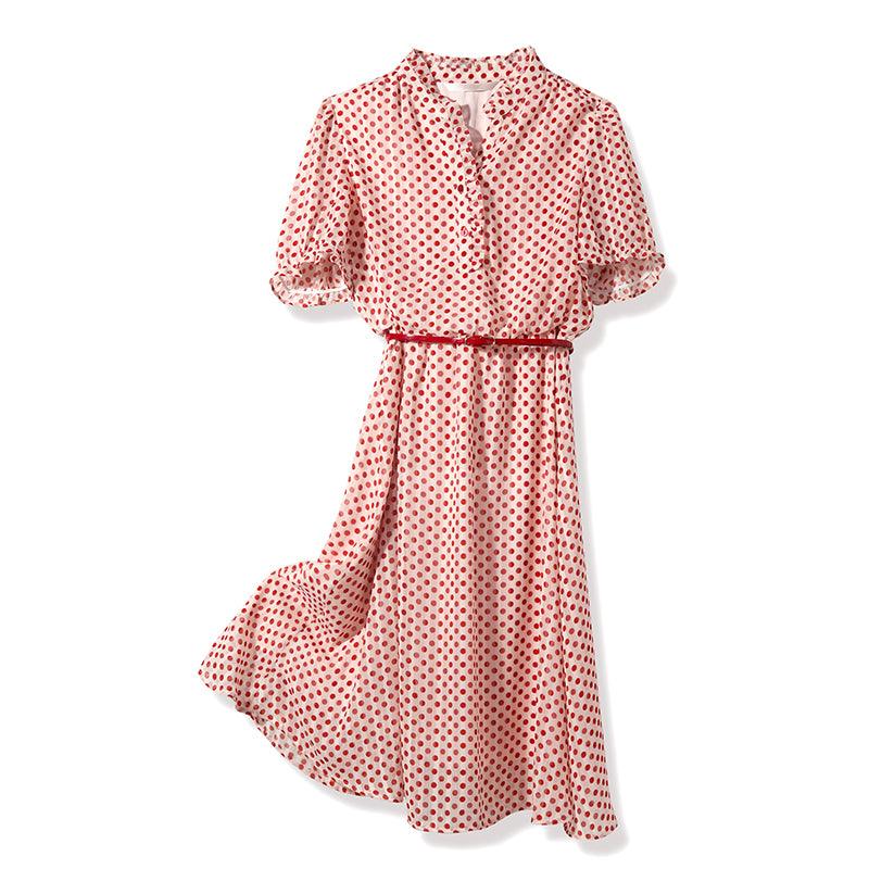 Golden Stripe Chiffon Polka Dots Dress GOELIA