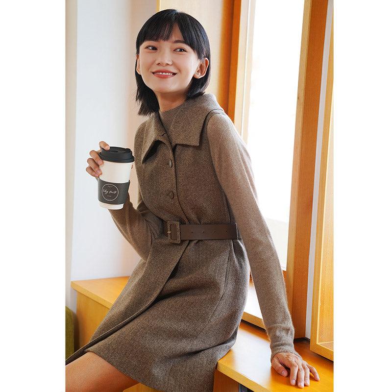 Coffee Brown Washable Wool Two-piece Cloak GOELIA