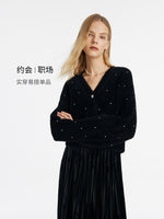 Black V-Neck Rhinestone Knitted Women Cardigan GOELIA