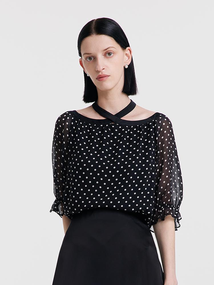 10 Momme Polka Dot Silk Neckline Top GOELIA