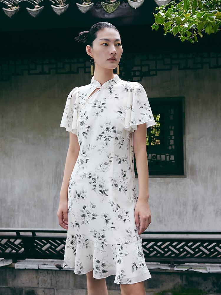 Ink Floral Ruffle Sleeve Cheongsam Dress LT GOELIA