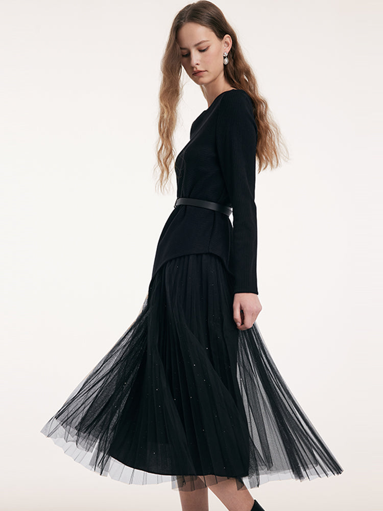 Asymmetrical Hem Top And Tulle Women Skirt With Belt Two-Piece Set GOELIA