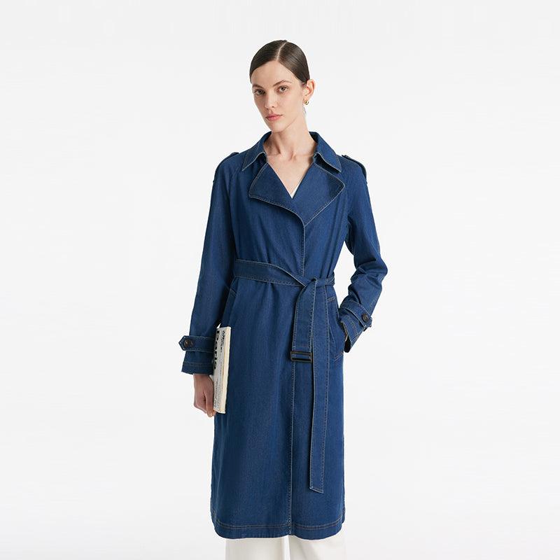 Denim Lapel Women Trench Coat With Belt GOELIA