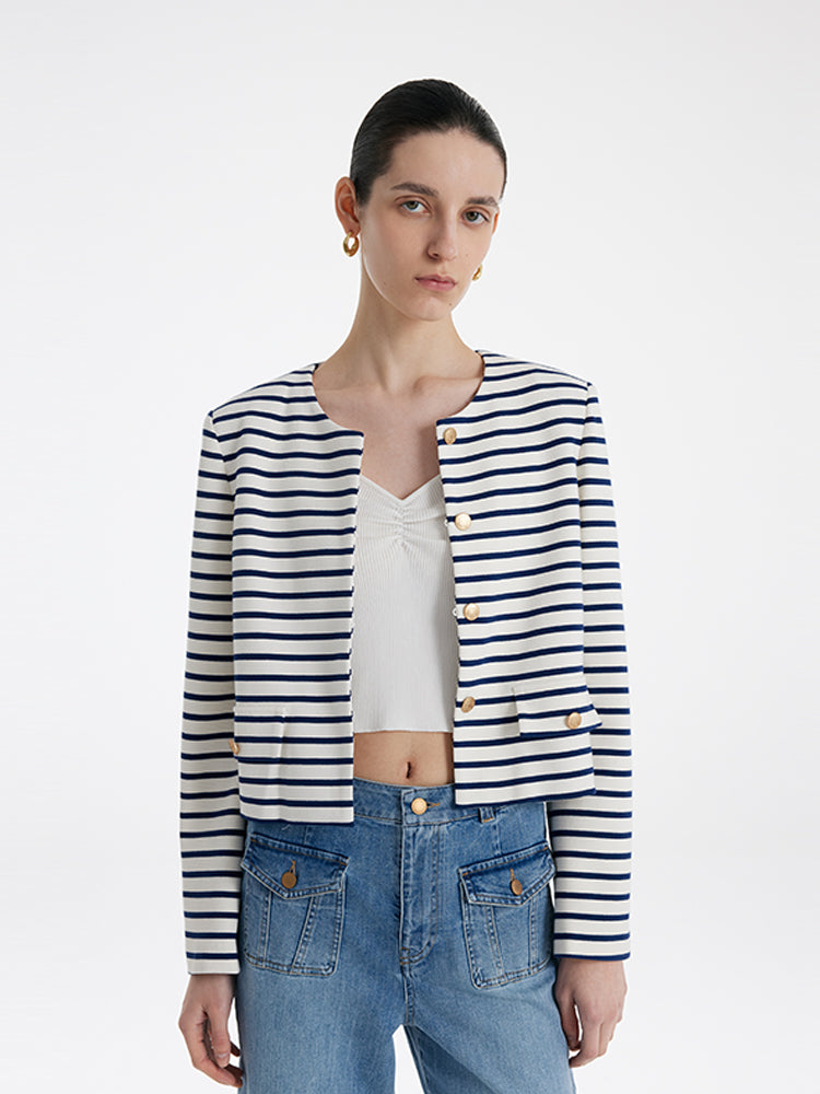 Cotton Striped Single-Breasted Women Crop Jacket GOELIA