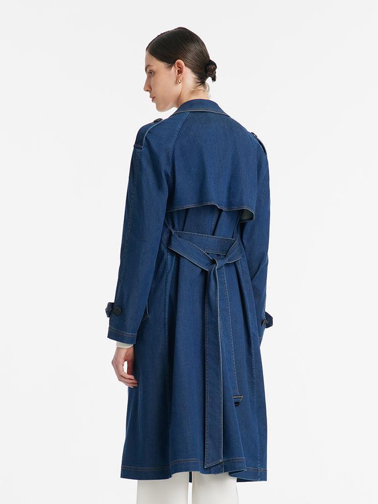 Denim Lapel Women Trench Coat With Belt GOELIA