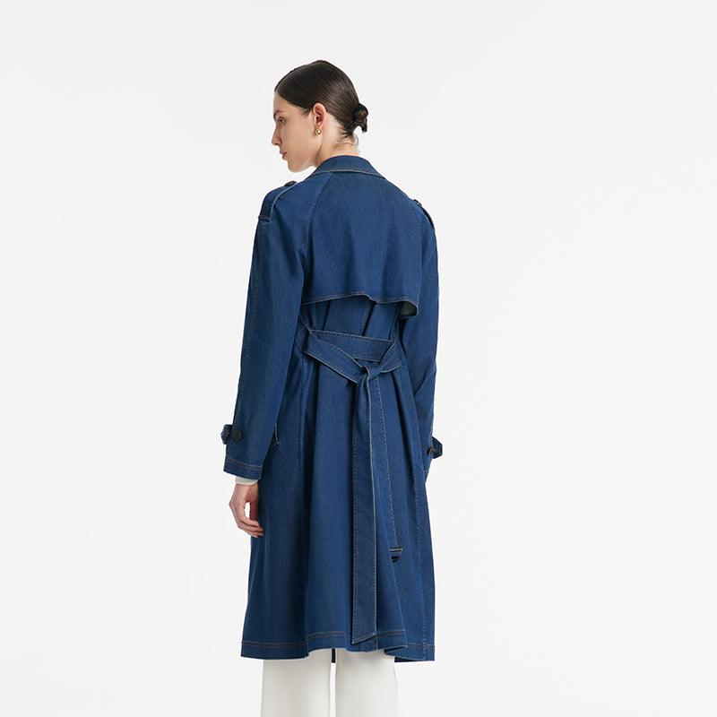 Denim Lapel Women Trench Coat With Belt GOELIA