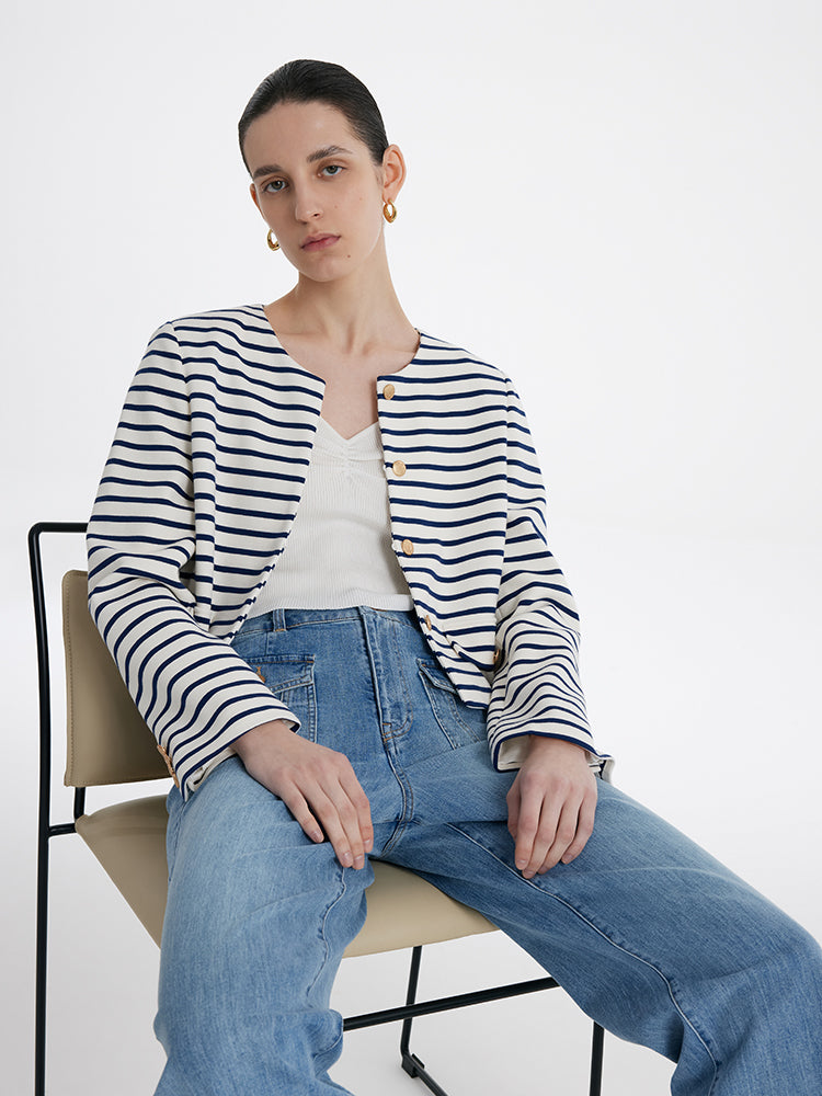 Cotton Striped Single-Breasted Women Crop Jacket GOELIA