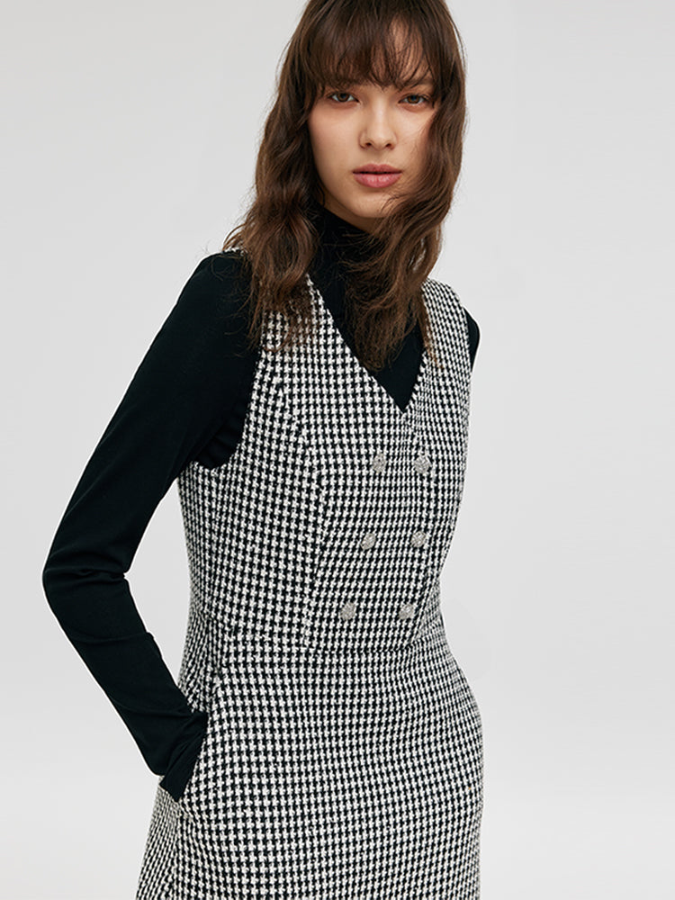 Black And White Houndstooth Vest Dress And Mock Neck Sweater Two-Piece Suit GOELIA