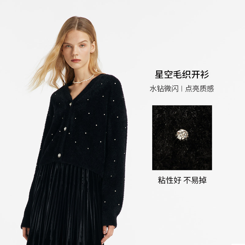 Black V-Neck Rhinestone Knitted Women Cardigan