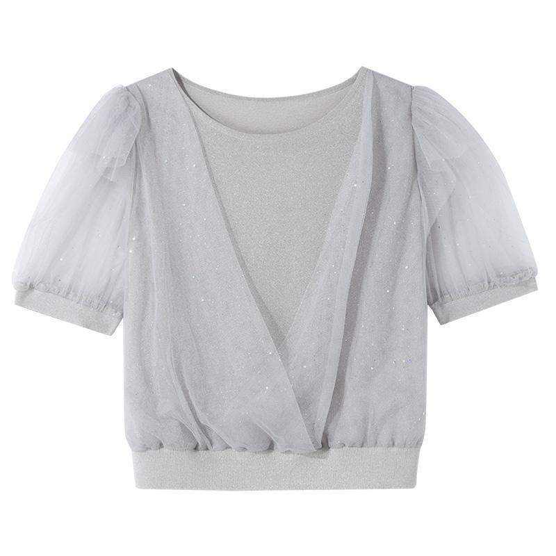 Mulberry Silk Puff Sleeve Mesh Top GOELIA