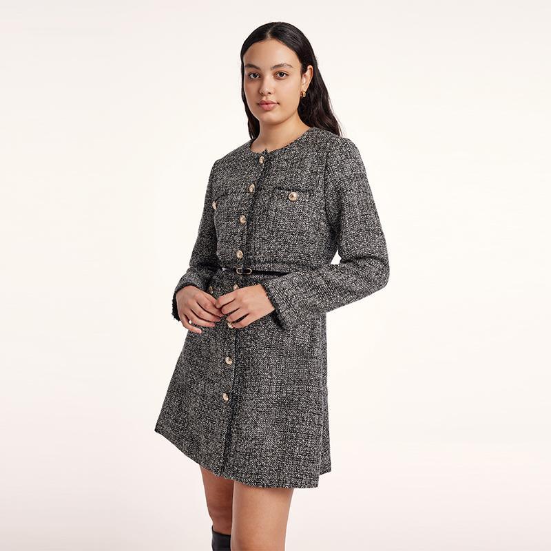 Round Neck Tweed Dress With Belt GOELIA