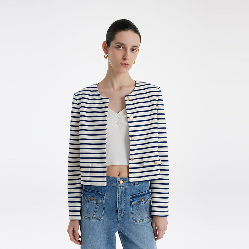 Cotton Striped Single-Breasted Women Crop Jacket GOELIA