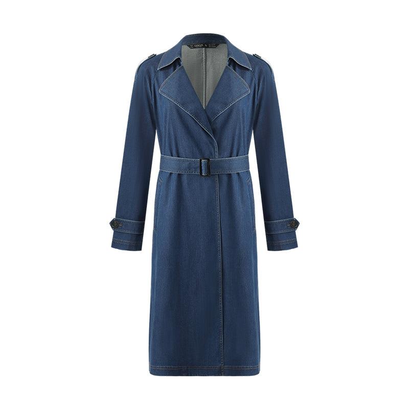 Denim Lapel Women Trench Coat With Belt GOELIA