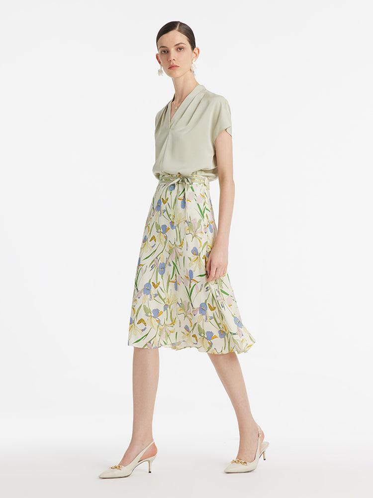 19 Momme Mulberry Silk Iris Printed Women Half Skirt GOELIA