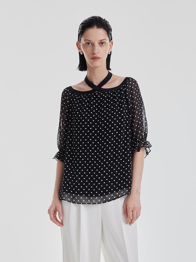 10 Momme Polka Dot Silk Neckline Top GOELIA