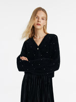 Black V-Neck Rhinestone Knitted Women Cardigan GOELIA