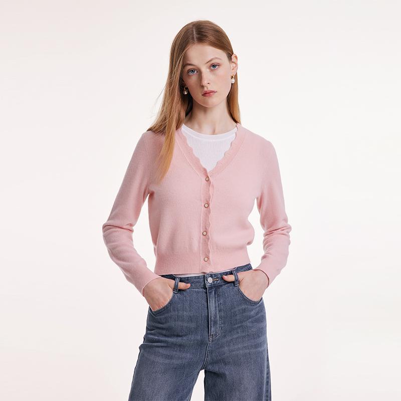 Pink Wool Knit Wavy Front Closure Lady Cardigan GOELIA