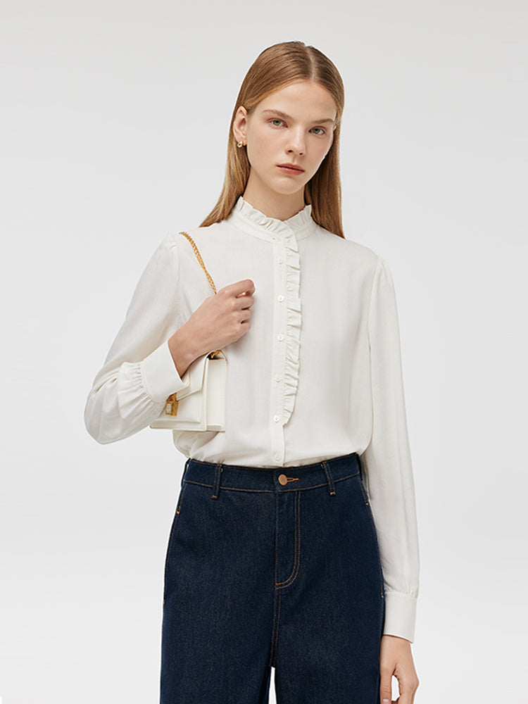 Ruffle Stand Collared Women Shirt GOELIA