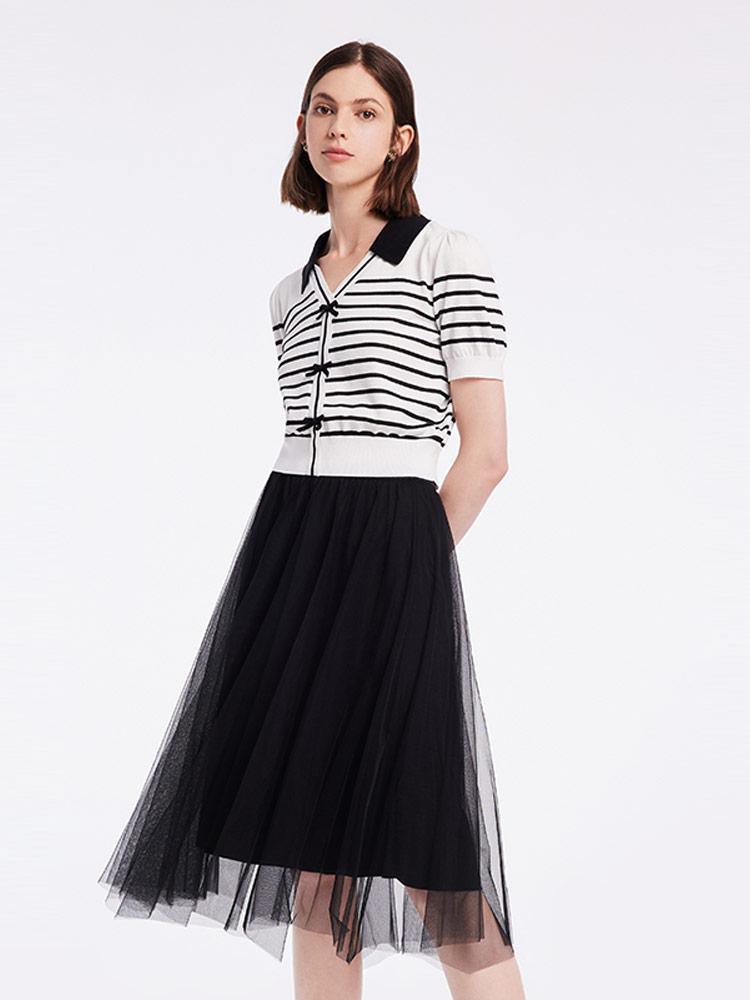 Black And White Striped Top And Mesh Half Women Skirt Two-piece Set GOELIA