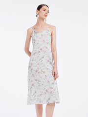 19 Momme Stretch Silk Floral Spaghetti Strap Dress GOELIA