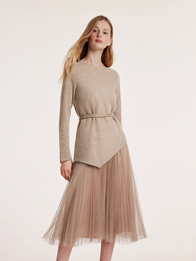 Asymmetrical Hem Top And Tulle Women Skirt With Belt Two-Piece Set GOELIA