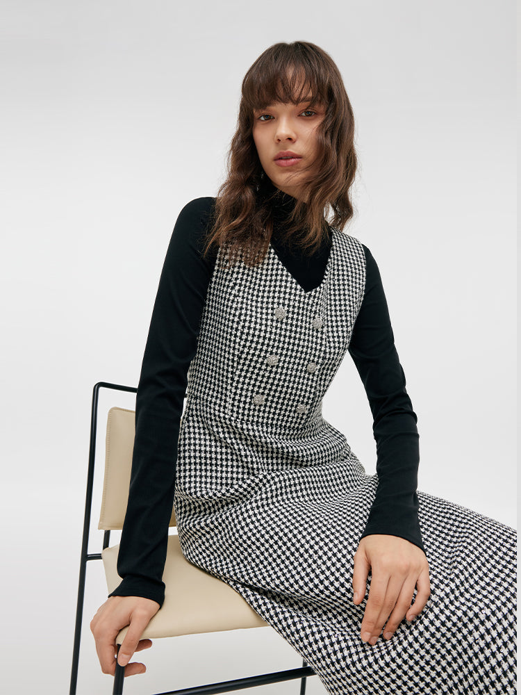 Black And White Houndstooth Vest Dress And Mock Neck Sweater Two-Piece Suit GOELIA