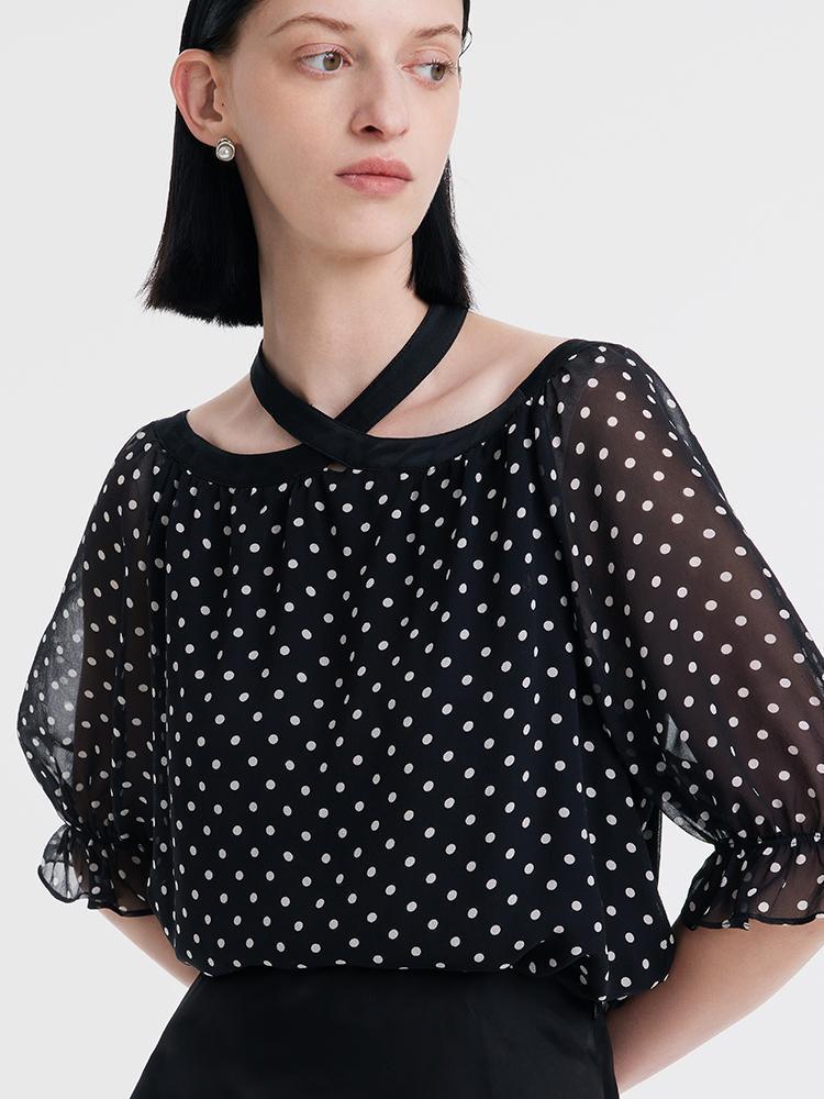 10 Momme Polka Dot Silk Neckline Top GOELIA