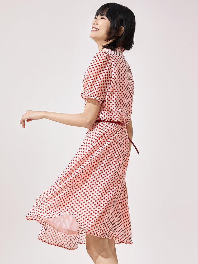 Golden Stripe Chiffon Polka Dots Dress GOELIA