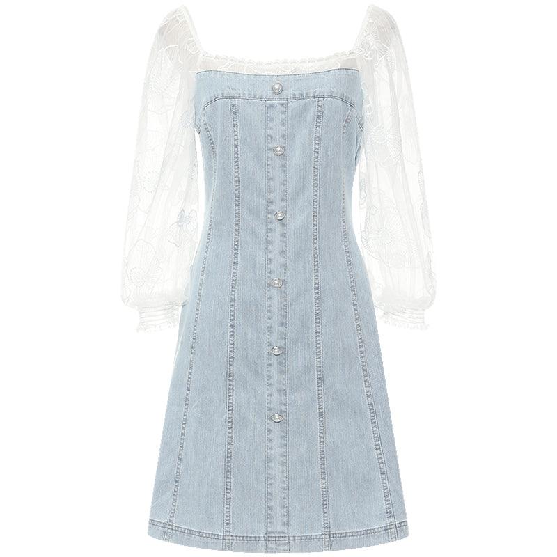 Square Neck Puff Sleeve Denim Patchwork Dress GOELIA