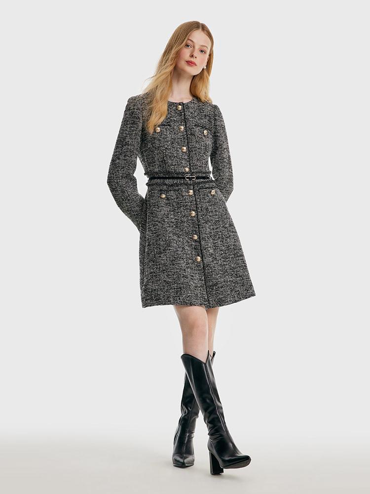 Round Neck Tweed Dress With Belt GOELIA