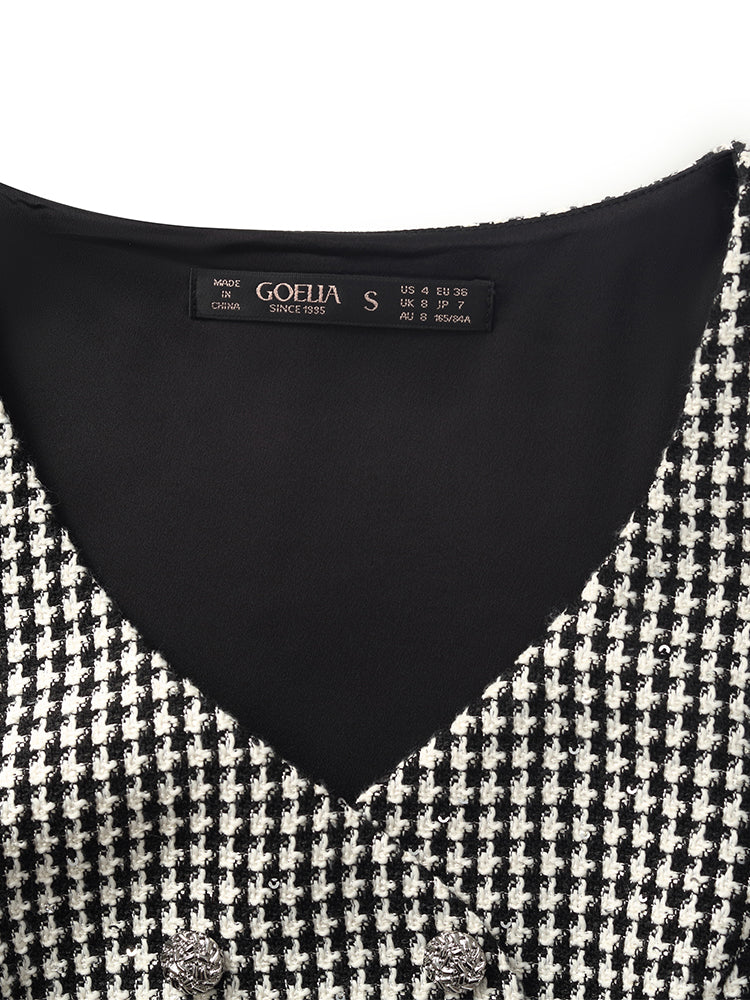 Black And White Houndstooth Vest Dress And Mock Neck Sweater Two-Piece Suit GOELIA