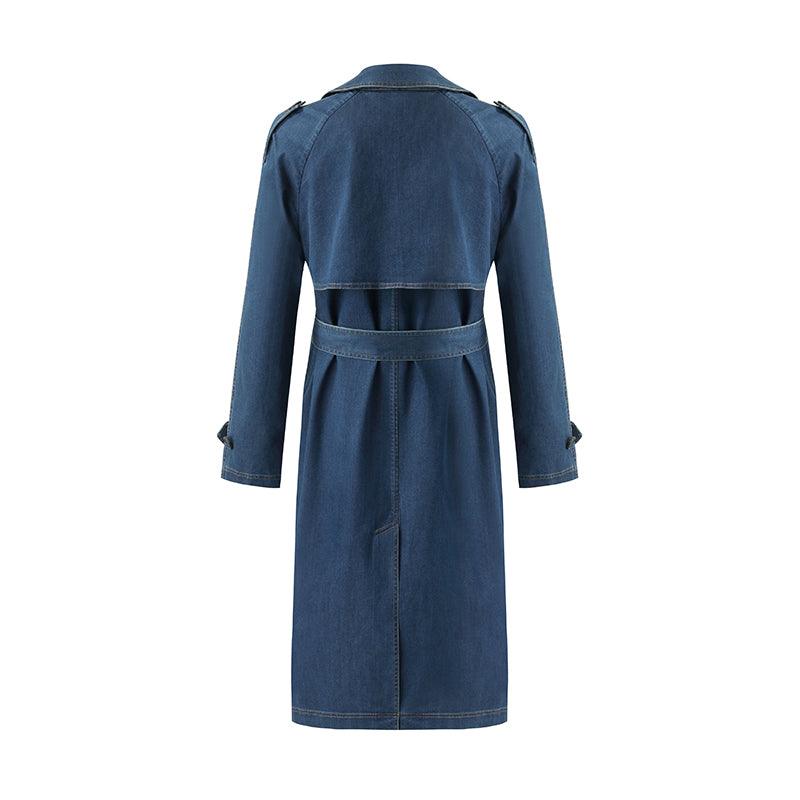 Denim Lapel Women Trench Coat With Belt GOELIA