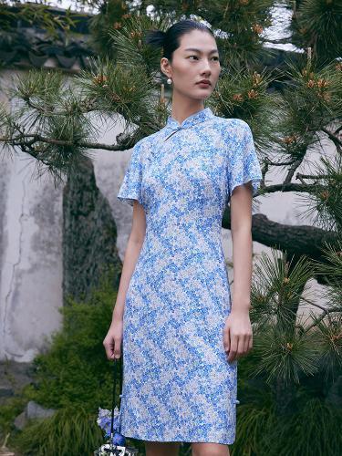 Blue Floral Cheongsam Dress GOELIA