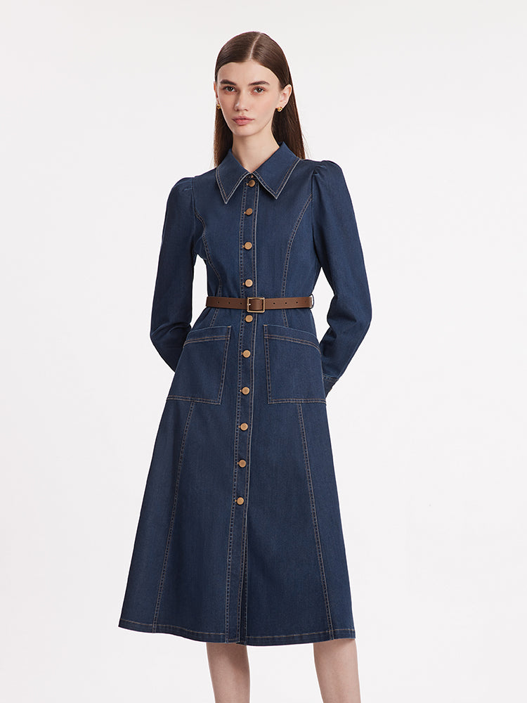 Single-Breasted Lapel Women Midi Denim Dress With Belt GOELIA