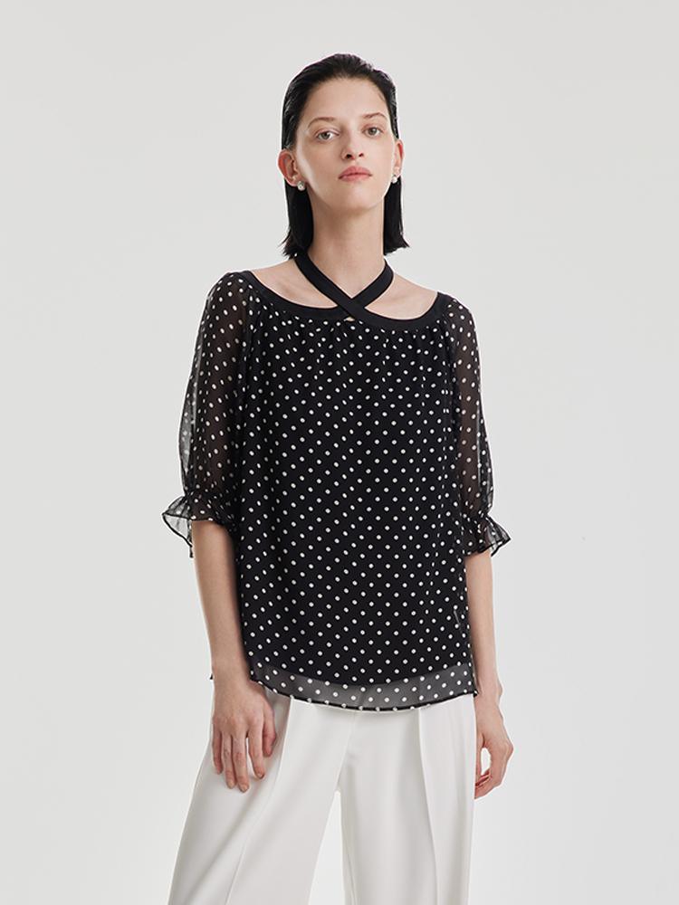 10 Momme Polka Dot Silk Neckline Top GOELIA