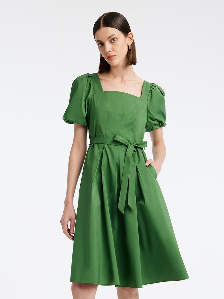 Square Neck Waist Pleated Green Cotton Dress GOELIA