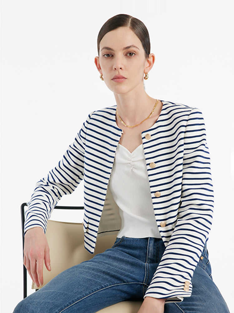 Cotton Striped Single-Breasted Women Crop Jacket GOELIA