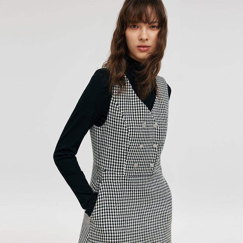 Black And White Houndstooth Vest Dress And Mock Neck Sweater Two-Piece Suit GOELIA