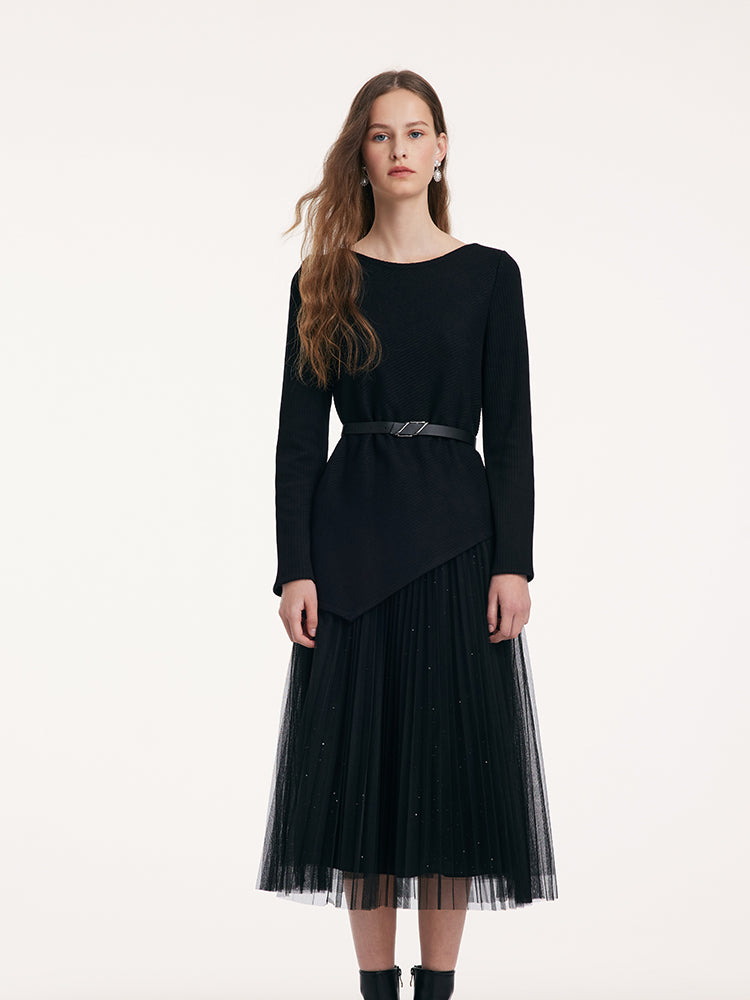 Asymmetrical Hem Top And Tulle Women Skirt With Belt Two-Piece Set GOELIA