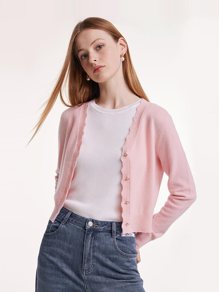 Pink Wool Knit Wavy Front Closure Lady Cardigan GOELIA