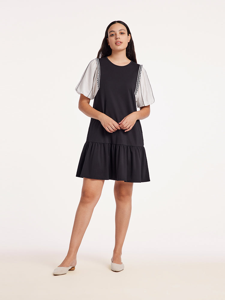 A-Shape Patchwork Puff Sleeve Dresses GOELIA