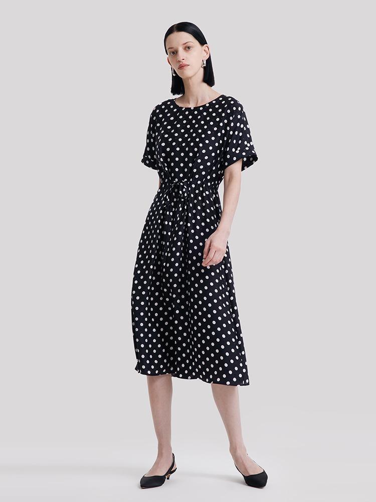 Round Neck Polka Dot Jacquard Silk Dress GOELIA