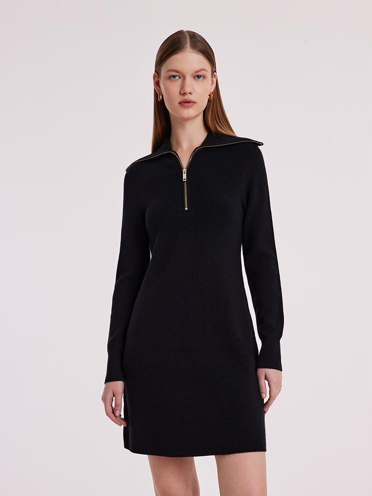 Black Wool Knit Lapel Dress With Zip GOELIA