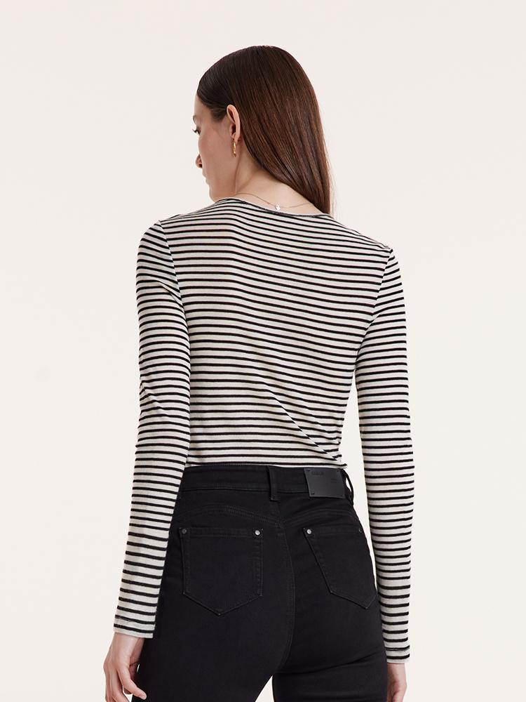 Washable Wool Striped Round Neck Sheath Sweater GOELIA