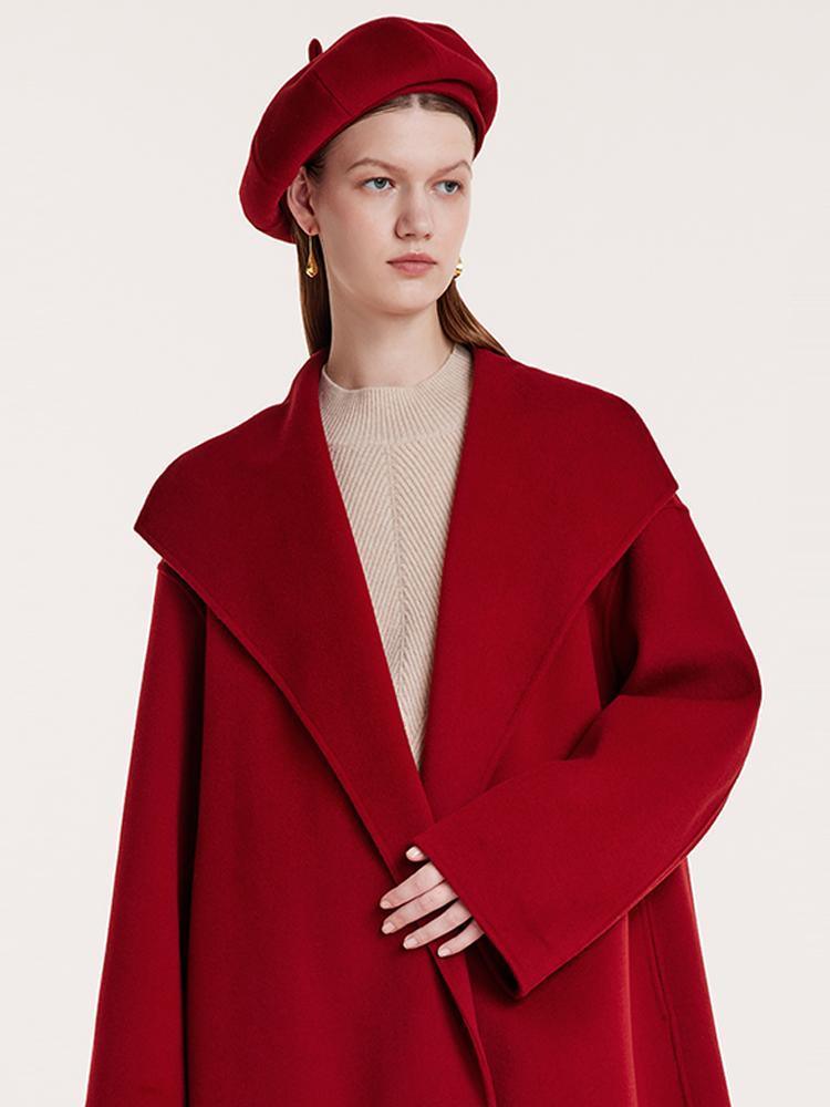 Red Mulberry Silk Wool Lapel Coat GOELIA